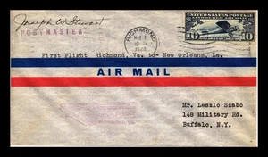 DR JIM STAMPS US COVER FIRST FLIGHT AIR MAIL RICHMOND VIRGINIA NEW ORLEANS - Picture 1 of 2