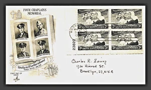 956 3c Stamp (1948) THE BENEVOLENT FOUR CHAPLAINS FDC - ART CRAFT - PLATE BLOCK - Picture 1 of 1