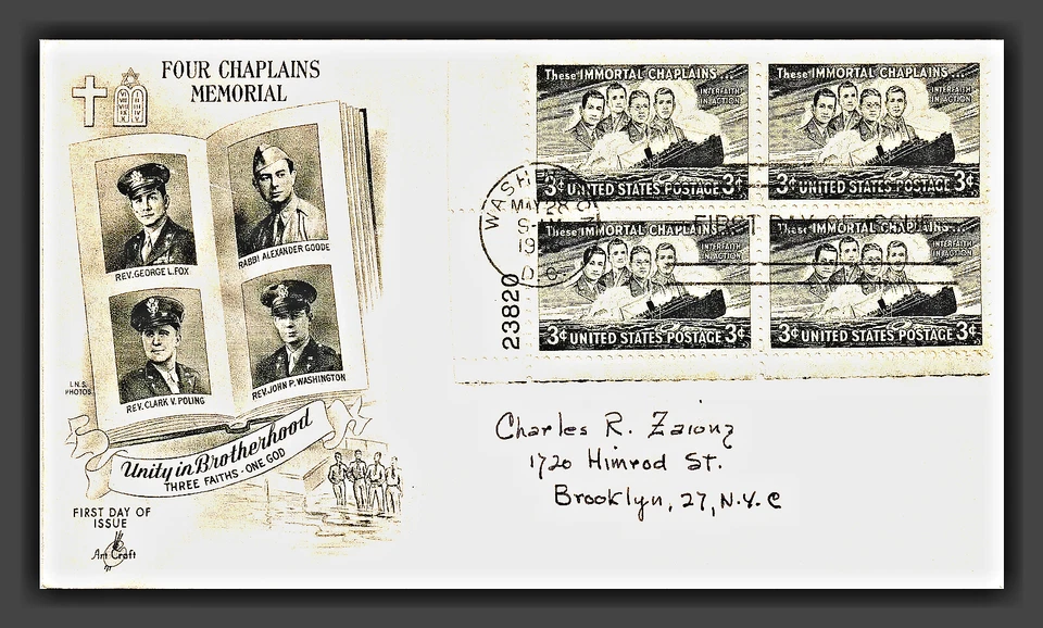 956 3c Stamp (1948) THE BENEVOLENT FOUR CHAPLAINS FDC - ART CRAFT - PLATE BLOCK - Image 1 of 1