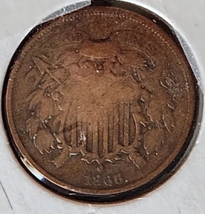 1866 2C UNION SHIELD 2-CENT PIECE KM# 94 - Picture 1 of 3