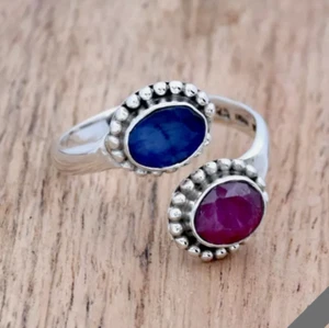 Anillo de plata de ley hecho a mano con banda ajustable de rubí y zafiro para mujer - Imagen 1 de 3