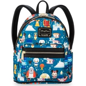 Zaino Loungefly Parchi Disney Stampa All Over Mini Personaggi Parco Icone Blu - Foto 1 di 9