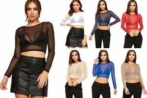 Damen durchsichtiges Netz kurzes Top Damen Mädchen langärmeliges dehnbares T-Shirt Größe 8-14 - Bild 1 von 20