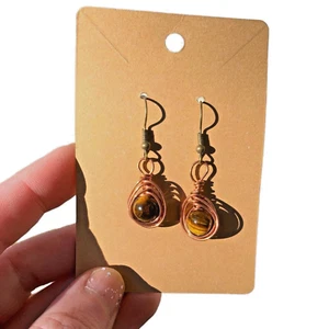 Copper Herringbone Tigers Eye Bead Dangle Earrings Handmade Valentine's Jewelry - Picture 1 of 7