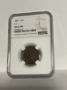 1853 HALF CENT NGC MS 61 BN C-1 - Picture 1 of 2