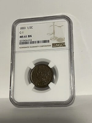 1853 HALF CENT NGC MS 61 BN C-1 - Image 1 of 2