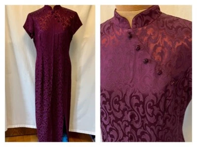 90s John Roberts Cheongsam Asian style Maxi Dress Plum Purple Bamboo Jacquard - Image 1 of 4