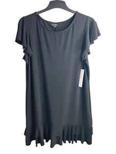 Nicole Miller New York schwarzes kurzärmliges knielanges Kleid mit Rüschensaum XL - Bild 1 von 14