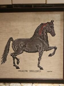 VTG  Handmade Petite Cross Stitched American Horse -Framed 13.5" Wall Art - RARE