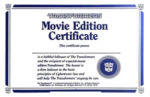 G1 OPTIMUS PRIME RETRO MOVIE MAILER CERTIFICATE • G1 TRANSFORMERS - Picture 1 of 2