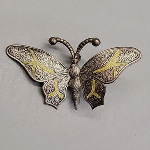 Butterfly Brooch Vtg Spain Textured Silver Tone Faux Damascene 3D Pin 2 5/8" - Picture 1 of 13