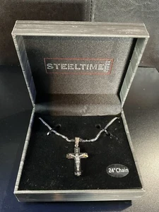 Steeltime Edelstahl Jesus Kreuz Anhänger Halskette 24 Zoll Neu - Bild 1 von 4
