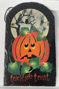Pumpkin Halloween Trick Or Treat Old New England Roofing Slate Hanging Decor - Picture 1 of 3