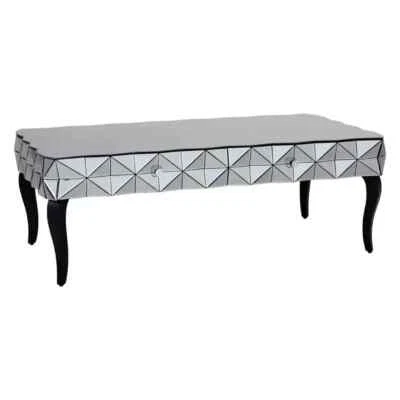 Luxury Mirrored 3D Glass Coffee Table – Silver Top with Black Wood Legs - Image 1 of 4
