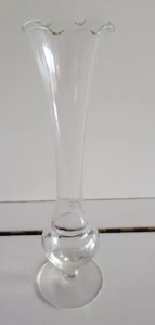 CLEAR GLASS BULBOUS AND RUFFLE EDGE BUD VASE 9.75 INCHES DIAMETER 1.5 INCHES - Picture 1 of 6