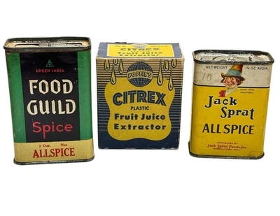 3 Vtg spice & extractor tins Box By Jack Sprat, Citrus & Food Guild  Advertising - Image 1 of 4