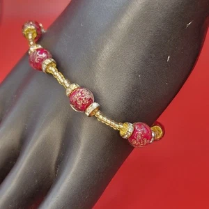 Murano Glass Italy Sterling Bracelet Red Gold Glitter Beads Rhinestones 7.4" - Picture 1 of 21