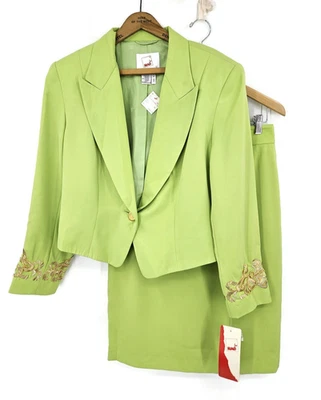 Nuevo Blazer corto de colección Mondi falda traje para mujer 42 verde dorado con cuentas Foto 1 de 4