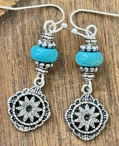 Etched Silver and Turquoise Earrings. Boho Chic - Picture 1 of 4