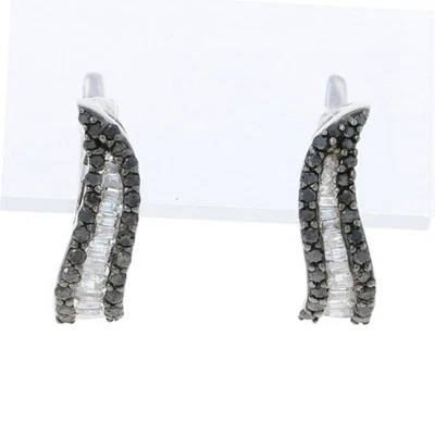 Nuovo .50ctw Baguette & Singolo Taglio Diamante Orecchini - Argento Foro J-Hoops - Immagine 1 di 4