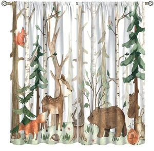 Forest Animal Curtains, Watercolor Woodland Wildlife Fox Elk Bird Print Drape... - Bild 1 von 6