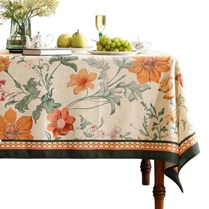 French Tablecloth for Rectangle Table,Linen Orange Floral Wrinkle Resistant T... - Picture 1 of 9