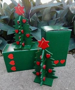 2 Vintage Dept 56 Wood Christmas Tree Ornaments with Red Hearts W/Boxes - Picture 1 of 3