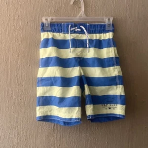 GAP KIDS Boys Small 6-7 7" Swim Trunks Shorts Blue Yellow Stripe Surf Pockets - Picture 1 of 8