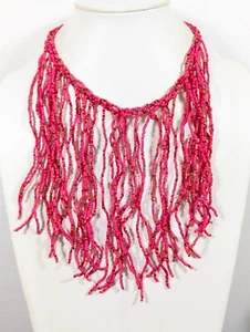 Beachy Boho Pink Glass Bead Fringe Bib Statement Necklace Vacation Bronze Tone - Picture 1 of 8