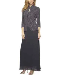 Alex Evenings Formal Jacquard Knit Gown with Mandarin Collar Jacket sz 16 Smoke - Picture 1 of 5