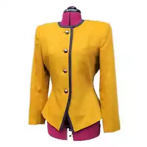 Kasper Vintage 80s Mustard Yellow 100% Wool Collarless Blazer Suit Jacket sz 6 - Picture 1 of 12