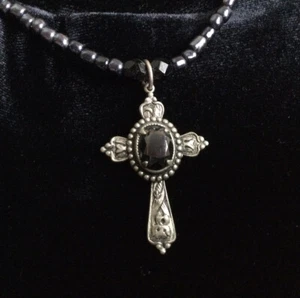 Hematite Beaded Necklace Cross Pendant Handmade 16” - Picture 1 of 8