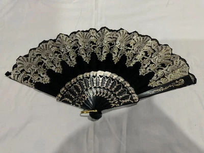 Folding Hand Fan Black w/Bronze Designs open size 16.5x9" - Image 1 of 3