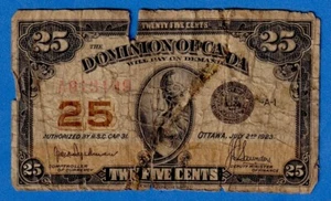 Canada 25 Cents 1923 DC-24a / P-11a - Circulated Note A013409 (Damaged) - Picture 1 of 2