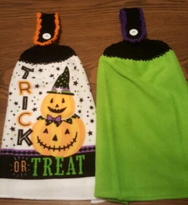 2 toallas colgantes de plato de calabaza de doble cara de Halloween truco o trato de crochet  - Imagen 1 de 5