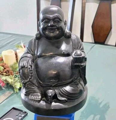 Estatua de Buda Feliz Sonriente Grasa Sentada Resina Negra 10" Pulgadas  Foto 1 de 4