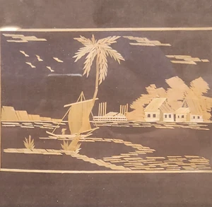 Asian Straw Art Picture Wall Decor Korean Waterway Scene Framed 1950's - Picture 1 of 4