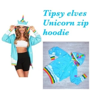 Tipsy elves blue rainbow unicorn front zip hoodie jacket sweatshirt w/ mane xs - Picture 1 of 6