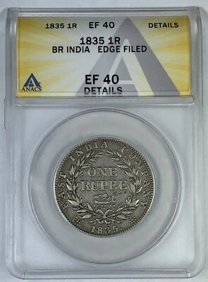 1835 One Rupee British India Coin ANACS XF 40 Details - Image 1 of 2