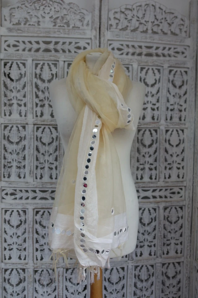 Cream linen silk chunni shawl sarong dupatta Bollywood Indian SKU18000  Foto 1 de 4