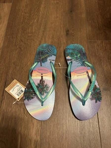 Havaianas Slim Iridescent Quiet Lilac Summer Flip Flops Palm Tree Size  11 / 12 - Picture 1 of 7