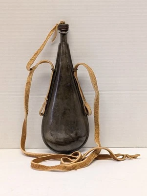 Antique Metal Powder Flask w Wooden Stopper & Custom Braintan Leather Neck Strap - Image 1 of 4