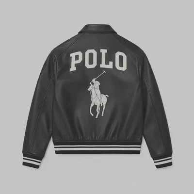Polo Ralph Lauren Varsity Bomber Jacket – Men’s Genuine Cowhide Leather Black - Image 1 of 3