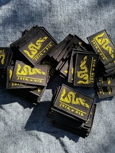 Join or Die Patriotic Patches Lot USA Made Embroidered 3x2 Inch 75 pcs Wholesale - Picture 1 of 2