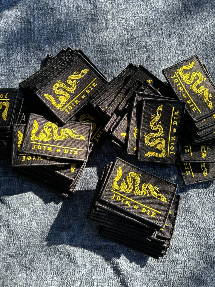 Join or Die Patriotic Patches Lot USA Made Embroidered 3x2 Inch 75 pcs Wholesale - Image 1 of 2