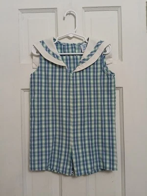 Boys KELLY'S KIDS 2 2T One Piece Shortall Romper Blue Green Plaid Jon Jon Pm - Image 1 of 4