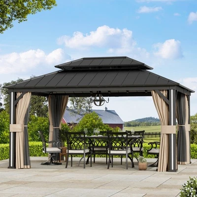 12' x 16' Hardtop Gazebo Outdoor Metal Double Roof With 4 LED Light and Curtains - Image 1 of 4