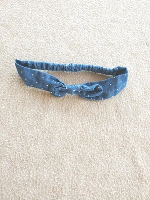Newborn Baby Girl Blue Polkadots Cotton Headband With Bow Elastic Back - Image 1 of 3