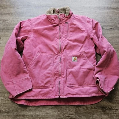 Женская холщовая куртка Carhartt средний размер розовый шерпа с подкладкой - Изображение 1 из 4