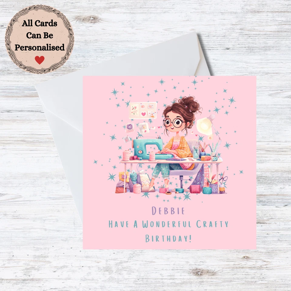 Personalised Female Friend Birthday Card Crafting Sewing - Customisable Name - Image 1 of 1